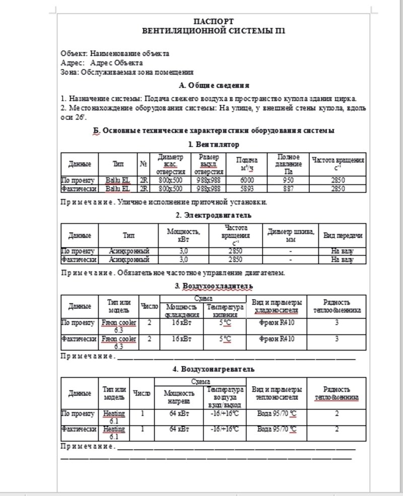 Заполнения паспорта вентиляции